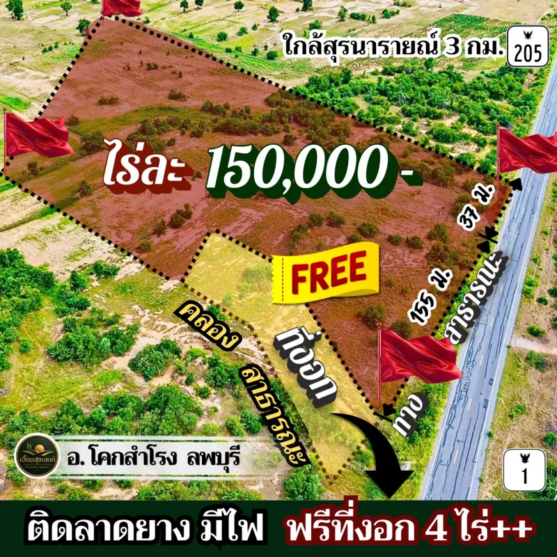ที่โคกสำโรง ลพบุรี🔥ไร่ละ 150,000🔥ติดลาดยาง มีไฟ ใกล้ ถ.205 พหล และบายพาสสายใหม่ ขายยก 28 ไร่กว่า แถมที่งอกฟรีๆ ถึง 4 ไร่‼️โอนฟรี‼️