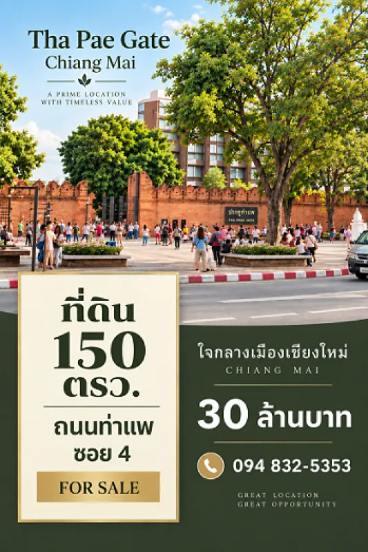 ที่ดิน 150 ตรว. ทำเลนักท่องเที่ยว ใกล้ประตูท่าแพ อำเภอเมืองเชียงใหม่ เหมาะทำโรงแรม