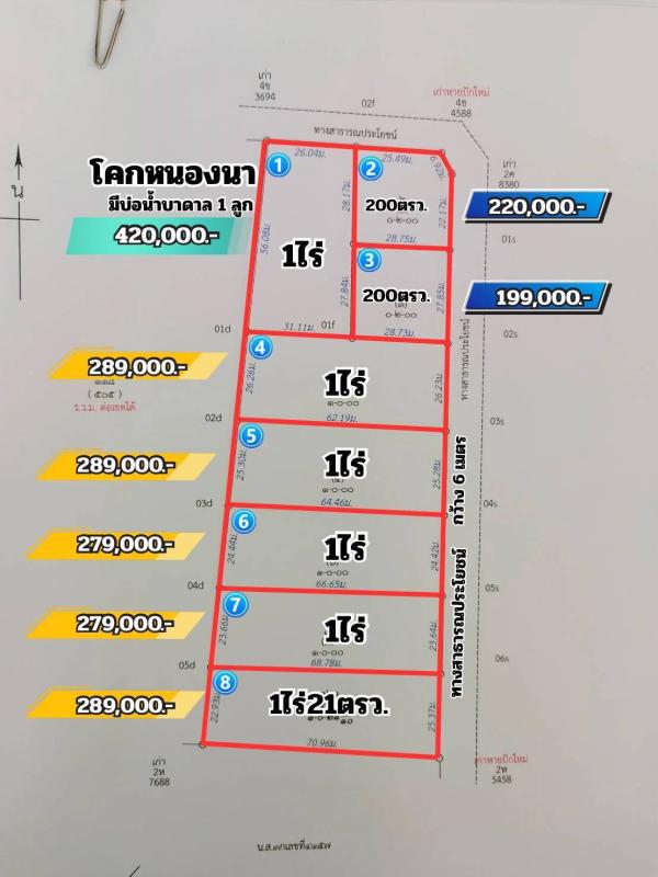 ที่ดินแปลงใหม่ ใกล้ถนนลาดยาง ทางหลวงชนบท 3022 แค่200 เมตร ถมดินแล้ว เริ่มต้น 200 ตรว. 199,000.-  1ไร่ 279,000.- 1ไร่ 420,000.- โคกหนองนา มีบ่อน้ำบาดาล 1ลูก โฉนดครุฑแดง นส๔จ. ไฟฟ้า ประปาอยู่หน้าแปลง