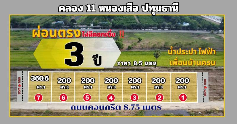 ผ่อนตรงเจ้าของ 3 ปี ไม่มีดอกเบี้ย️   200 ตร.ว 8.5 แสน  ที่ดินแปลงสวย ทำเลทอง คลอง 11 หนองเสือ ห่างถนนคลองหลวง