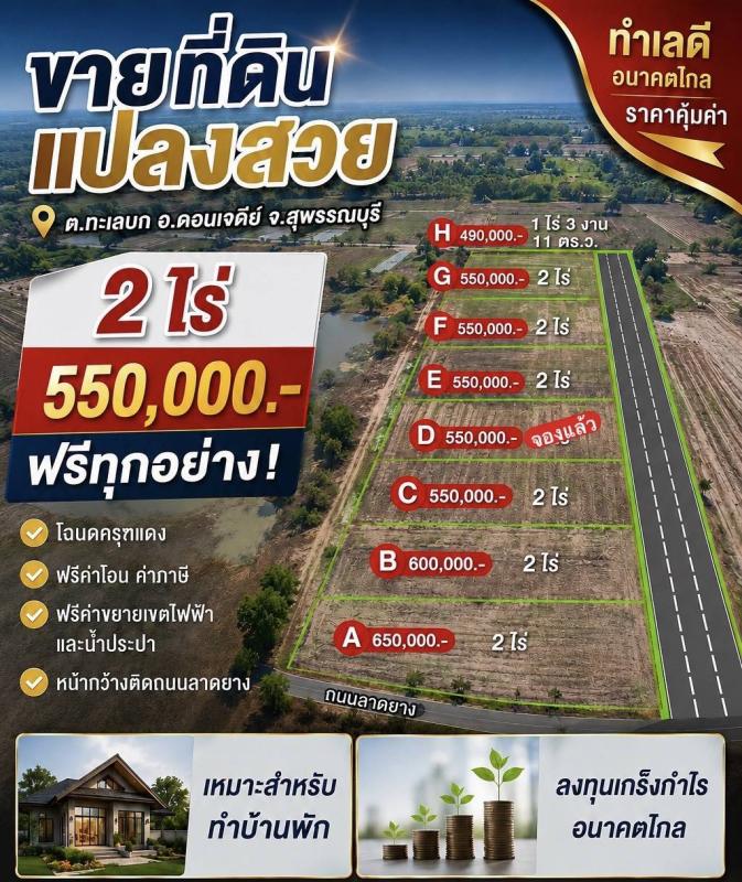 เฟสใหม่พร้อมเปิดให้จองแล้วค่ะ  #ที่ดินสุพรรณบุรี ติดถนนลาดยาง แปลงนี้ใกล้กรุงเทพฯไม่เกิน 2 ชม.  เริ่มต้น2ไร่แถมฟรีค่าใช้จ่ายวันโอนกรรมสิทธิ์ทุกอย่าง  โฉนดครุฑแดง 100%  ฟรีค่าโอน  ฟรีค่าภาษี