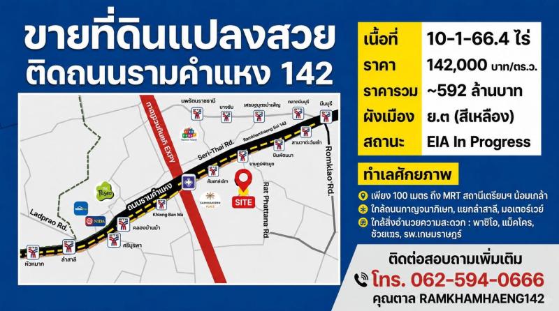 ขายที่ดินติดถนนใหญ่ รามคำแหง 142 เนื้อที่ 10-1-66.4 ไร่ ใกล้ MRT เตรียมฯ น้อมเกล้า เพียง 100 เมตร ผังสีเหลือง ย.3 มีแผน EIA ในมือ