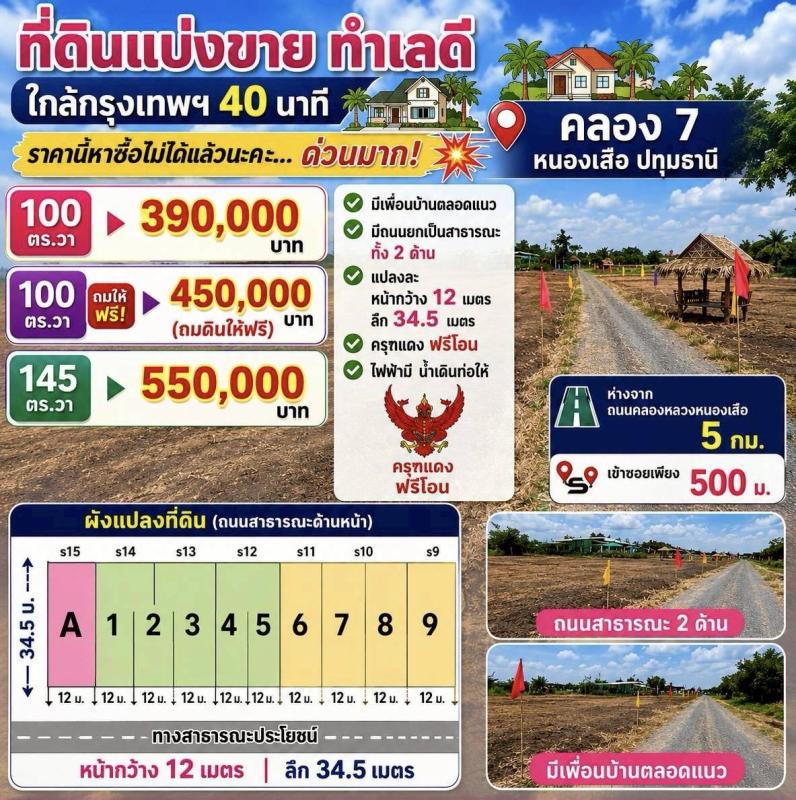 ที่แบ่งขายทำเลดี ใกล้กรุงเทพฯ 40 นาที คลอง 7 หนองเสือ ปทุมธานี ราคานี้หาซื้อไม่ได้แล้วนะคะค่ะ...ด่วนมาก  100 ตร.วา 390,000 บาท   100 ตร.วา 450,000 ถมให้ 145 ตร.วา 550,000