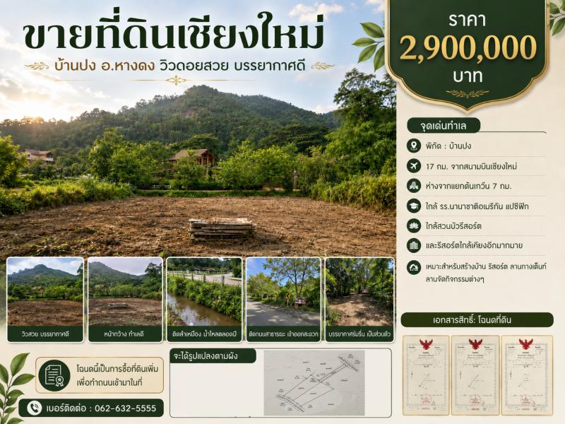 ขายที่ดินสวย ทำเลดี บรรยากาศส่วนตัว วิวดอยสวย น้ำไหลตลอดปี มีลำเหมืองสาธารณะตัดผ่าน หน้ากว้าง ทำเลดี เหมาะสำหรับสร้างบ้านพักอาศัย รีสอร์ท ลานกางเต็นท์ หรือลานจัดกิจกรรมต่างๆ